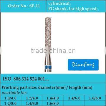 FG shank high speed medium grit cylindrical dental diamond plated burs