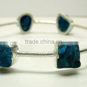 Neon Apatite Multi Stone Rough Bangle, 925 Solid Sterling Silver Bangle, Designer Natural Gemstone Raw Bangle