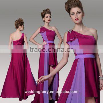 Fashionable short front one-shoulder red evening dress with purple color