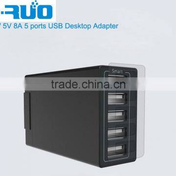 40 Watt 5V 8A 5 Ports USB Desktop Rapid Charger. Multiport USB Charging Station