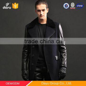 Splice genuine leather sleeves fleece jacket men woolen winter coat leather jacket men clothing