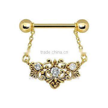 body piercing jewelry gold plate crystal dangle nipple ring