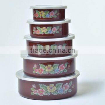 Flower Decal Printing Enamel Storage Food Container Set With Plastic Lids