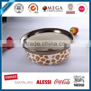 Superior quality stainless steel 18/8 pet bowl with melamine base, single dog feeder with leopard printed