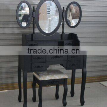 Elegant Black Dressing Table with Stool, 7 Drawers and 1 Oval Mirror