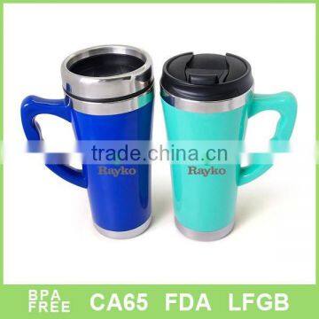 double wall plastic outer and stainless steel inner coffee mug with handle