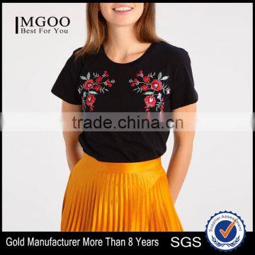 MGOO 2017 Summer Latest Design Women Short Sleeve T-Shirts Black T Shirt Embroidered With Flora