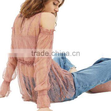 2017 OEM Spring Romantic Pink Lace Frill Strapless Women's Blouses photo-4