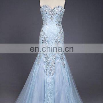 Lates New Design SHMY-W296 Light Blue Beaded Soft Lace Sweetheart Neckline Wedding Dress