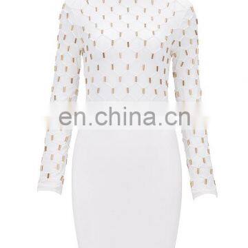 Women's Elegant Long Sleeve High Neck Studded Bandage Party Dresses photo-2