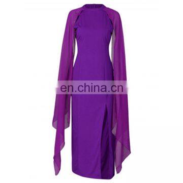 Fashion Chiffon Maxi Dress Solid Round Neck Batwing Sleeve High Slit Prom Dress photo-3