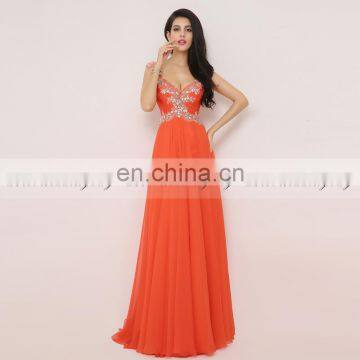 Glamorous A Line V Neck Glittering Beads Orange Chiffon Long Evening Dress