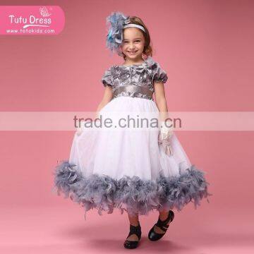 Flower style puffy girls' dress with grey flower & feather decoration