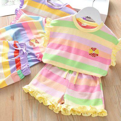 Summer Girl Cool Rainbow Embroidered Butterfly Edge Short Sleeved Shorts Set photo-2