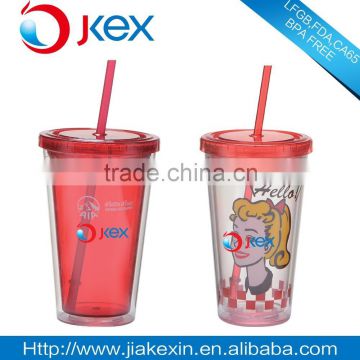 Promotional BPA free double wall plastic water bottle with straw