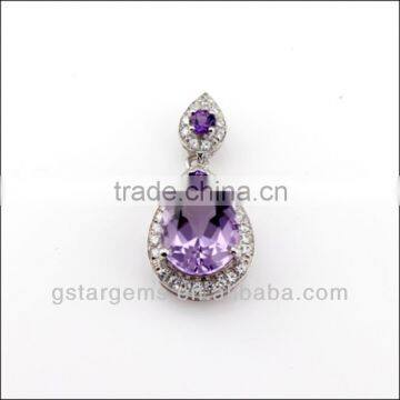 9925 Sterling Silver Natural Gemstone Amethyst Rhodium Plated Jewelry CZ Pendant