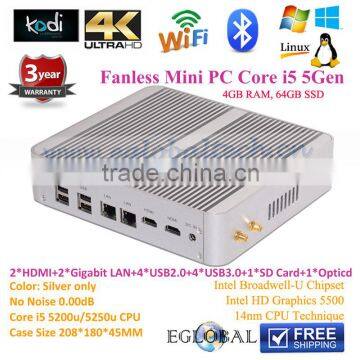 Fanless pc i5 5200u 5250u desktop pc 300M Wifi 3 years warranty gaming pc Dual Core 4 Threads