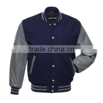 Wool varsity custom made baseball jacket for men ,with leather sleeves.
