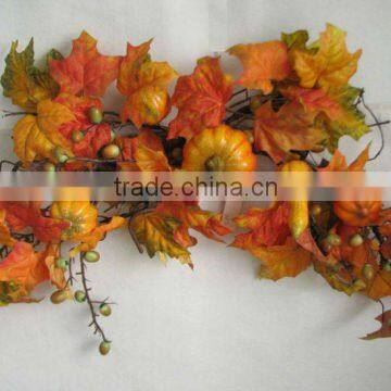 2014 Hot Sale Artificial Flower 80cm Artificial Fall Pumkin With Maples Leaf Swag