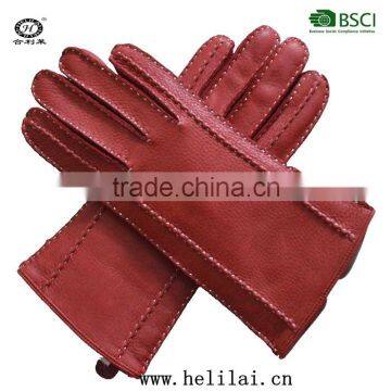 Classical and plain red hand stitching deer leather women gloves with matel buckle