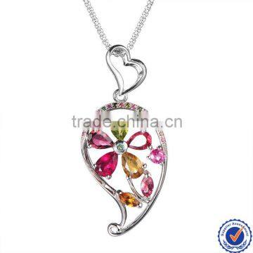 925 Sterling Silver Multi Color Tourmaline Flower in Leaf Pendant