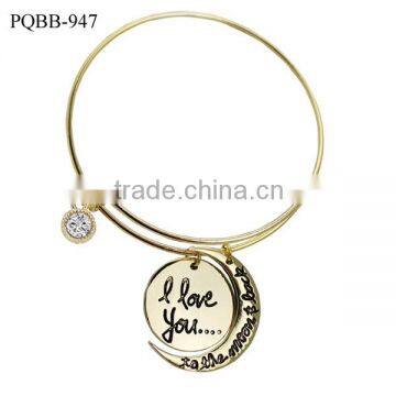 2015 Latest design gold charm crystal moon wire adjustable bangle bracelet