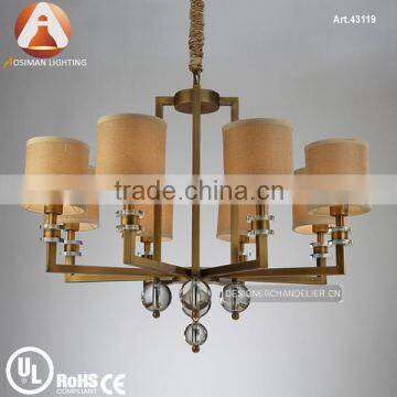 8 Light Brass Crystal Chandelier in Bronze Color with White Fabric Shade