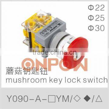 Y090-A-11YM Mushroom Key Lock Switch,KEY SWITCH,mushroom Switch With Key