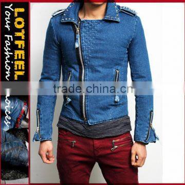 High quality man biker denim jeans jacket with stud biker studded jeans jackets punk denin jacket(LOTJ237)