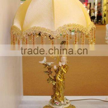 Lady Playing with Doves Ceramic Base Table Lamp, Gold Color Table Lamp