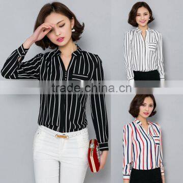 Womens Scarf Collar Long Sleeve V-neck Chiffon Striped Casual Blouse 2016