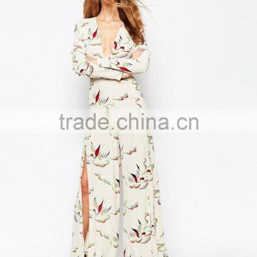 2015 China Factory OEM ODM Fashionable Customized Painterly Bird Print Jumpsuit With Thigh Splits photo-1