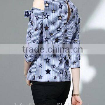2017 Summer Newest Fashion Round Neck Cold Shoulder Blouse With Stars Pattern photo-3