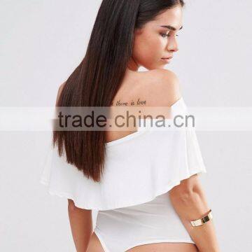 MGOO Women Slinky Bardot Bodysuit With Frill Overlay Plain White Sexy Off Shoulder Bodysuit Playsuit photo-3