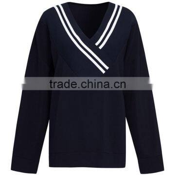 Navy Designer Wrap V-neck Stripe Detail Sweatshirt for Women