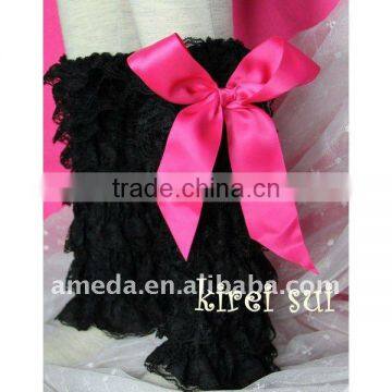 Girls Black Lace Petti Leg Warmers with Hot Pink Bow LM3B5