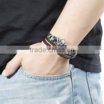New Fashion Black Cord Silver Tone & Green Beads Gunmetal Halloween Skull Cowhide Multilayer Bracelets photo-3
