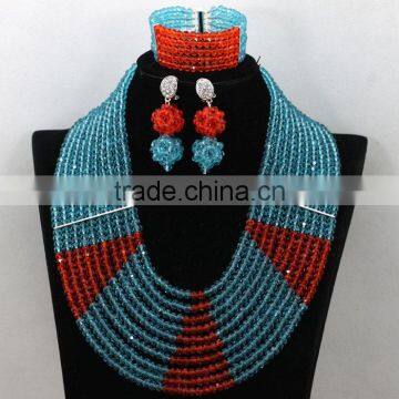 Blue Mixed Red African Wedding Crystal Beads Necklace Nigerian Earrings Jewelry Sets