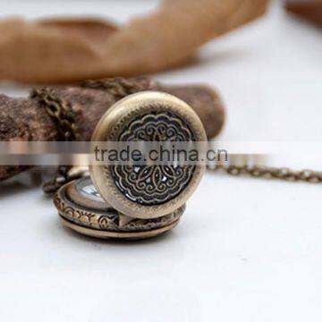 Retro design Round Carved Flip-Open Cover Pocket Watch Long Chain Necklace