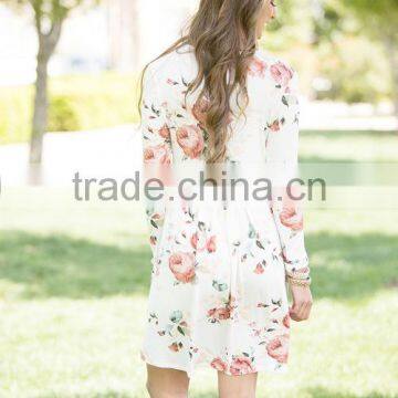 B40989A Fashion Print Flowers Dress Women Long Sleeve Crewneck Dress photo-3