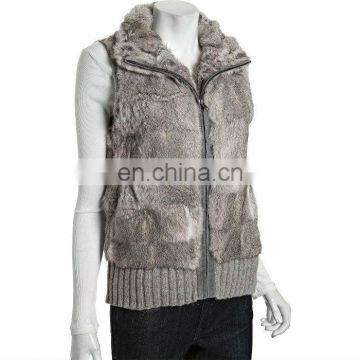 cutting genuine rabbit fur knit,zip front vest /dyed gray