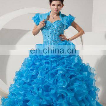 Blue Sweetheart Sleeveless Evening Gowns Piping Beaded Quinceaners Dress With Jacket