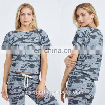 100% Cotton Fabric Short Sleeve Camoflage Digital Printing Distressed Crop Camo Slim Fit T shirt Women