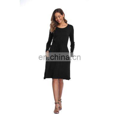 Manufacturers Wholesale Dress Drawstring Waist Solid Color Pocket Long-sleeved Dress photo-3