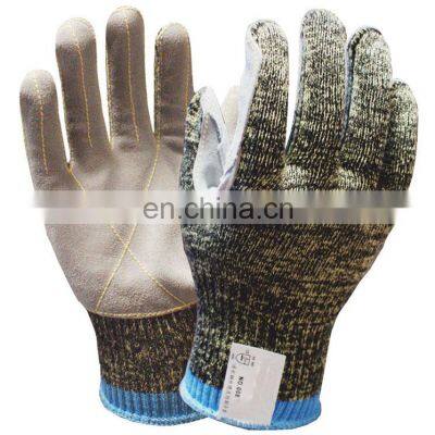 Super Anti Cut HPPE Aramid Fiber Leather Palm Cut Resistant Work Gloves