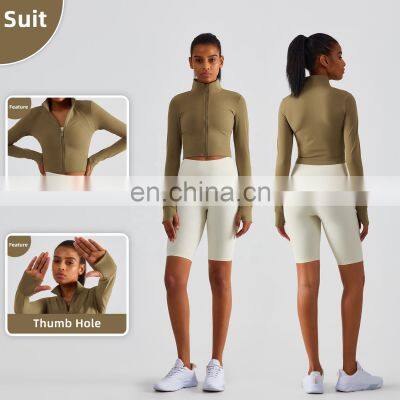 Full Zipper Women Yoga Jackets With Thumb Hole Custom Long Sleeve Sports Quick Dry Tops photo-4