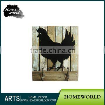 Animal Black Rooster Zodiac Antique Decorative Slat Wood Wall Plaque With Hooks