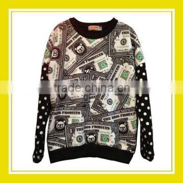 2016 Fashion Products Bros Baby Lion Dollar Notes Pattern Printed White Dotted Long Sleeve Black Sweater