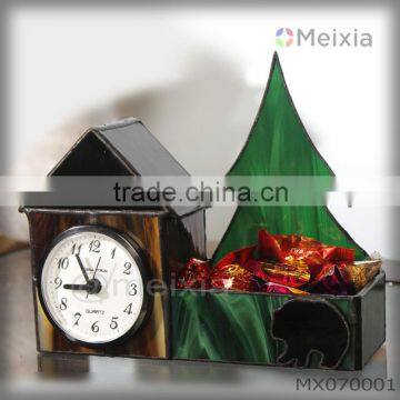 MX70001 tiffany style stained glass house shape with wind mill clock for table stand home decoration wholesale