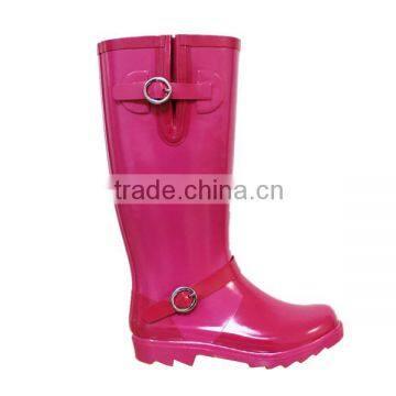 women PVC long boots with buckle OEM plastic waterproof flat shoes